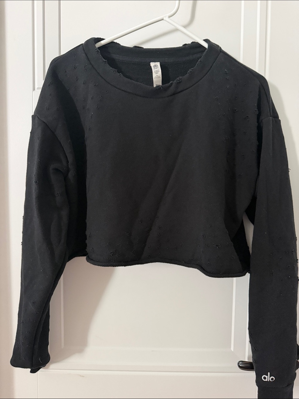 Alo Yoga Black Cropped Distressed Sweatshirt